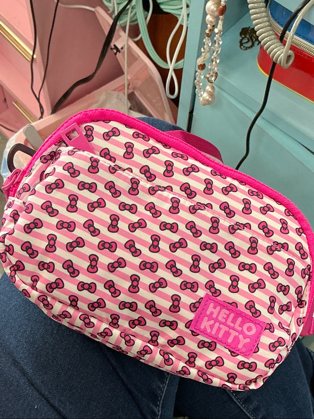 Hello Kitty Pink Striped Bow Pattern Waist Bag